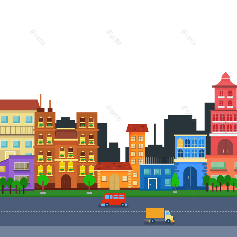 扁平城市图片,扁平插画元素,平面PNG,城市高楼免抠素材